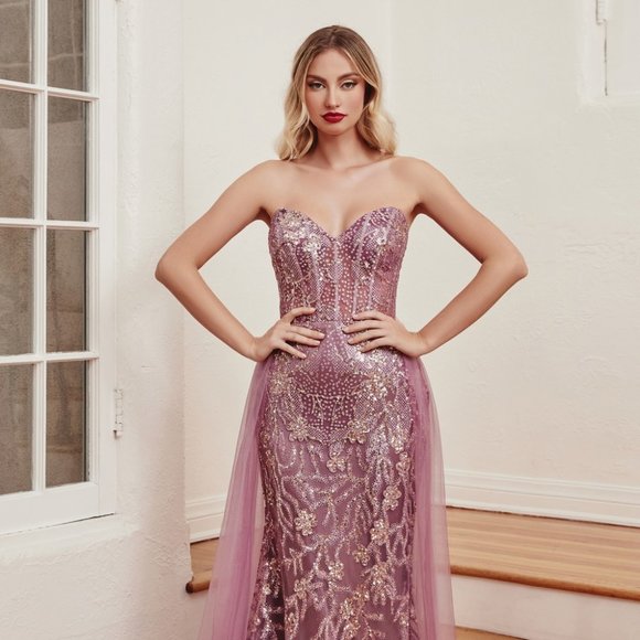 NEW LONG OFF SHOULDER STRAPLESS EMBROIDERED SEQUIN DRESS WITH OVERSKIRT CD J845